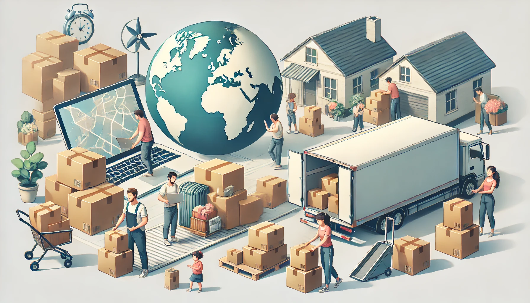 family and movers preparing boxes to moving