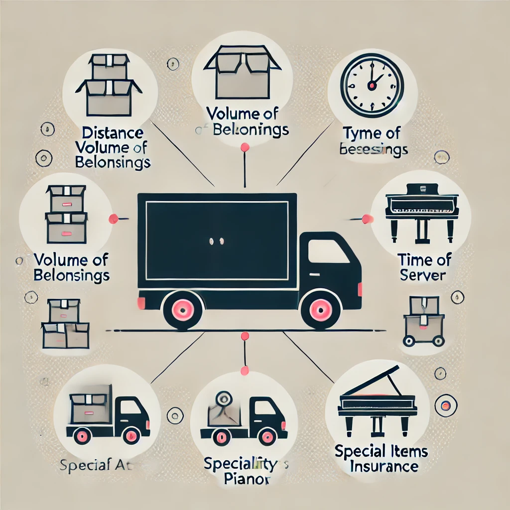 Minimalist illustration of a moving truck with simple icons representing