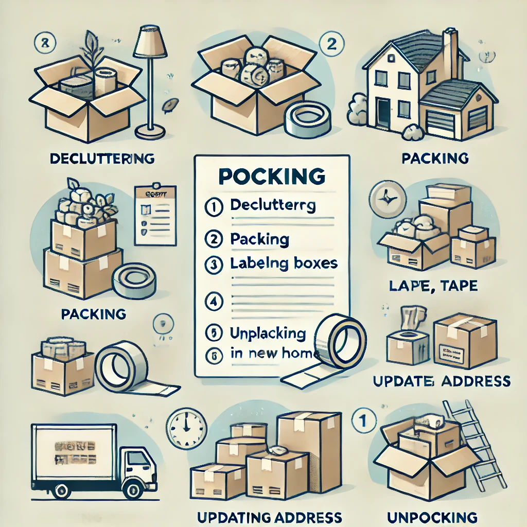 Clear, minimalist illustration showing a checklist and packing materials with simple, clear scenes of decluttering, packing, labeling boxes, updating address, and unpacking in the new home.