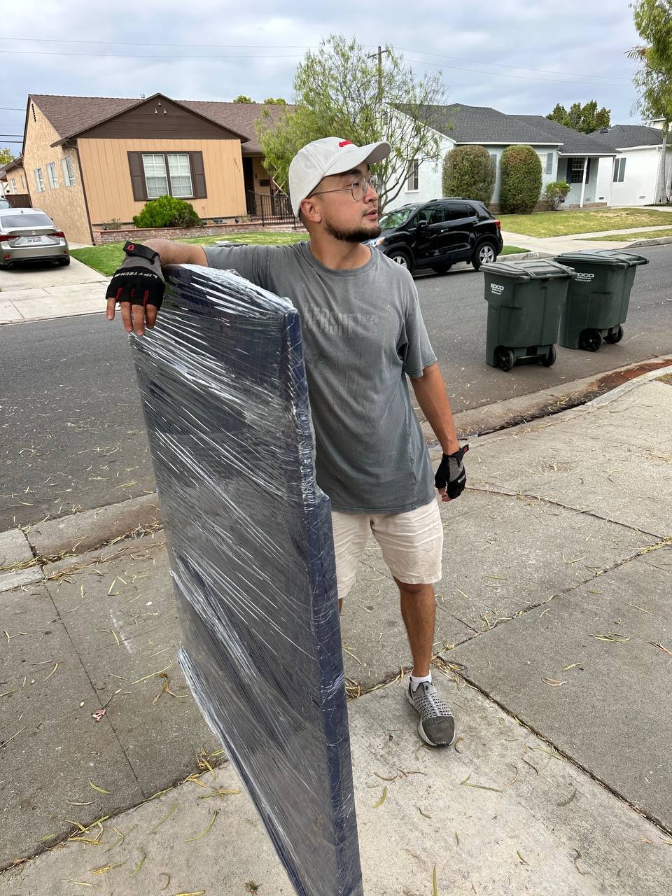 Wrapped mattress ready for loading during a move